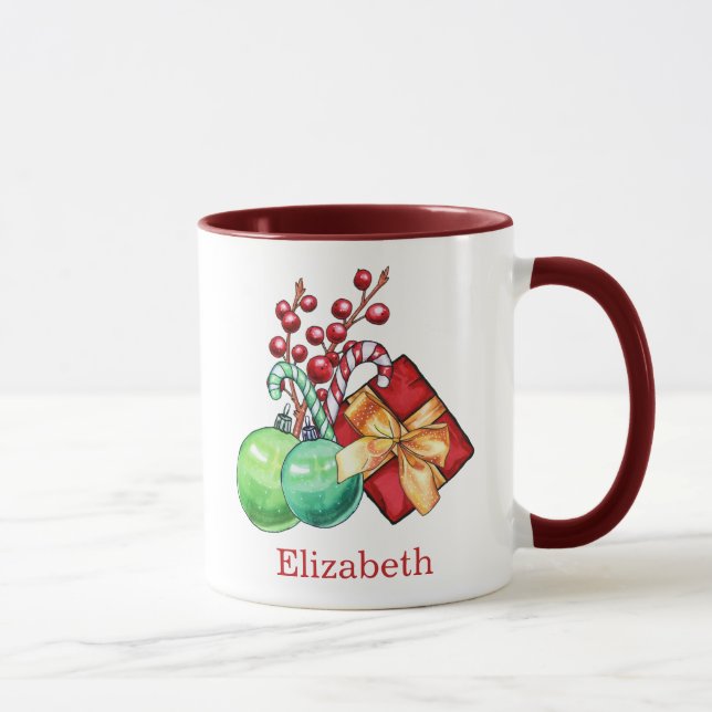 Aquarelle rouge vert Noël Café cadeau Mug (Droite)