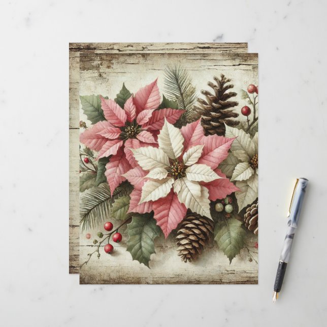 Aquarelle rustique Poinsettia papier (Devant/Arrière en situation)