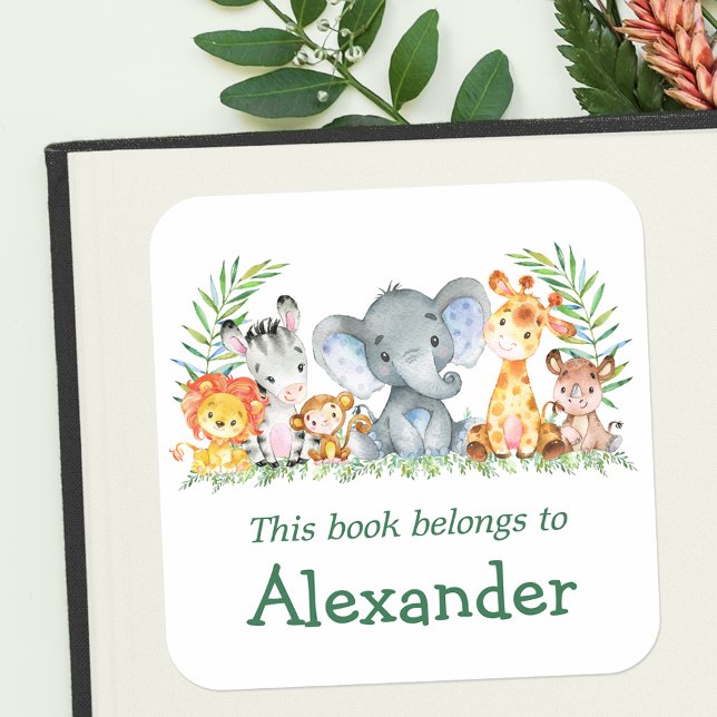 Aquarelle Safari Animaux Green Bookplate Étiquette (Customize to change text size, color or text style.)