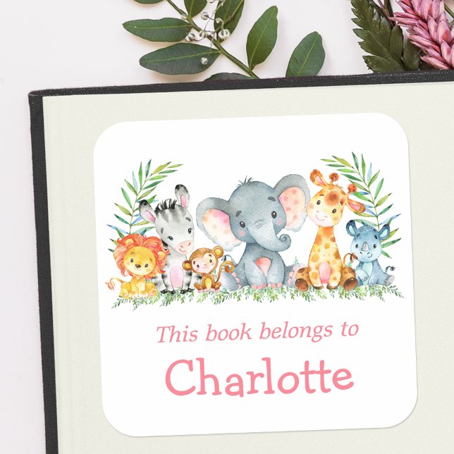 Aquarelle Safari Animaux Rose Boite Étiquette (Customize to change text size, color or text style.)