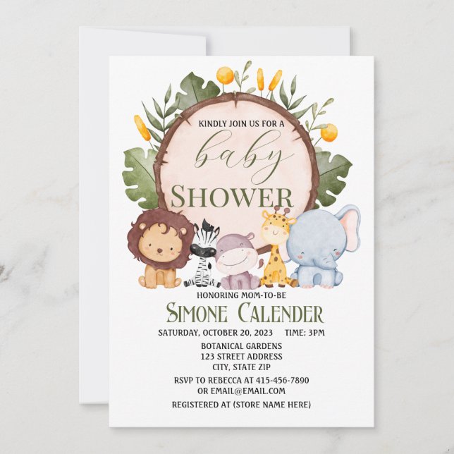 Aquarelle Safari Baby shower animal Invitation (Devant)