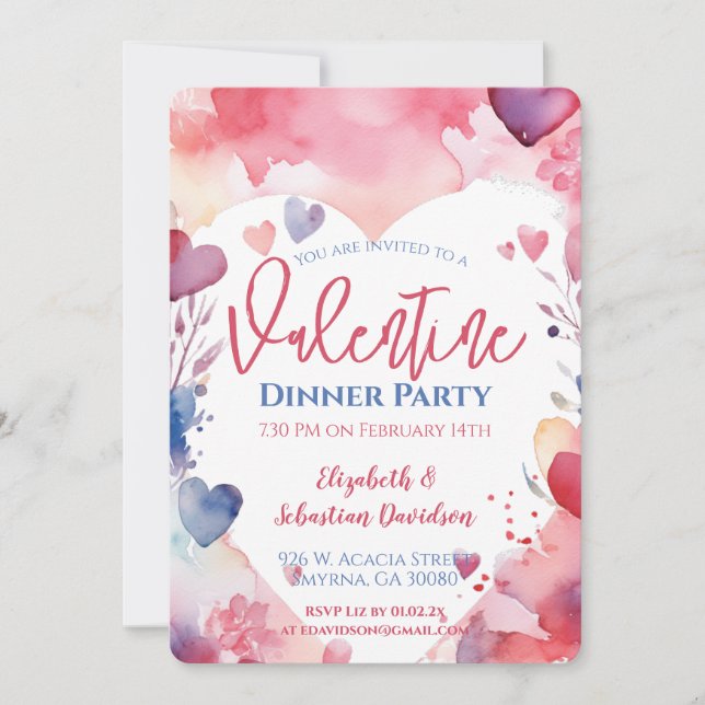 Aquarelle Saint Valentin Dîner de fête Invitation (Devant)