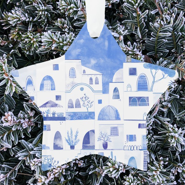 Aquarelle Santorin Grèce (Watercolor Oia Santorini Greek Island holiday ornament)
