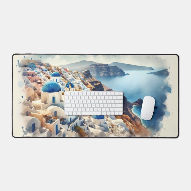 Aquarelle Santorin Grèce Bleu et blanc (Clavier et souris)