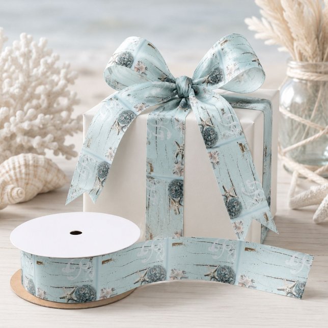 Aquarelle Satinband (Coastal aqua blue beach wood starfish seashell satin ribbon)