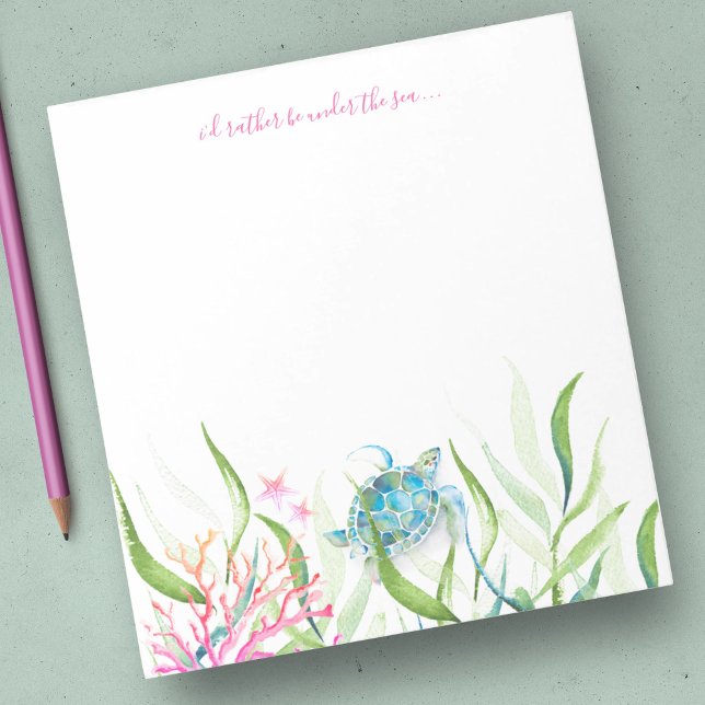 Aquarelle Sea Turtle Beach Stations Bloc-notes (Notepad features watercolor sea turtle, coral, starfish underwater botanicals Victoria Grigaliunas)