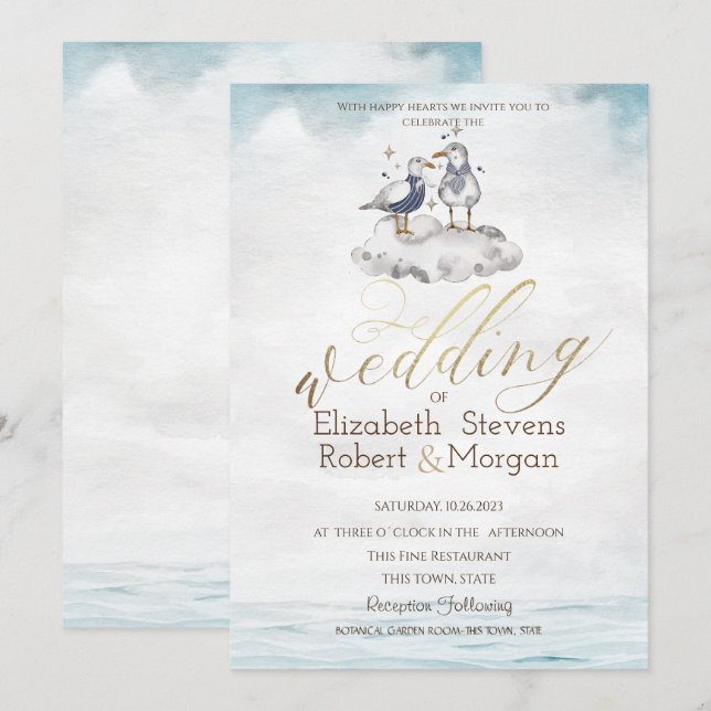 Aquarelle Seagulls Plage Mariage Invitation (Devant / Derrière)