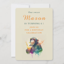 Aquarelle Singe - Carte d'invitation d'anniversair