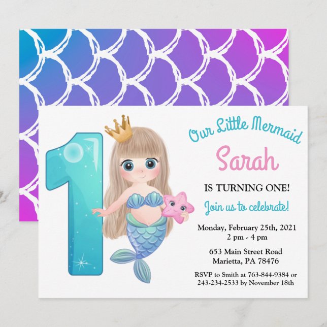 Aquarelle Sirène 1er Anniversaire Fête Invitation (Devant / Derrière)