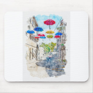 Aquarelle Sketch Art. Straße mit buntem Tupfer Mousepad