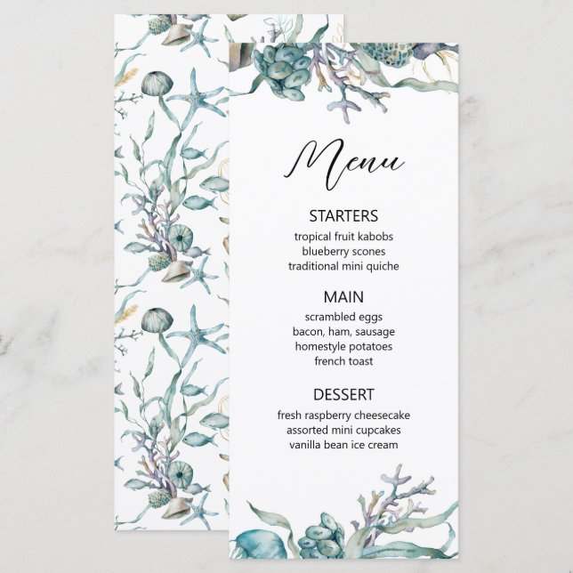 Aquarelle Sous la Mer Méduse Récif de Corail Menu (Devant / Derrière)