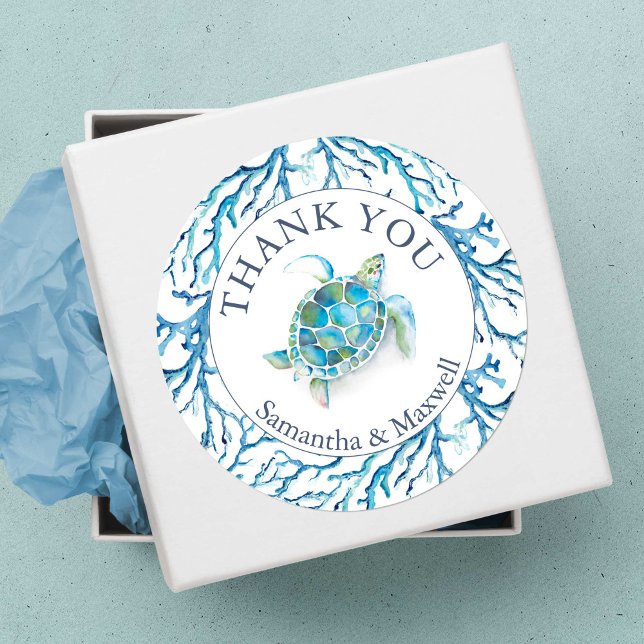 Aquarelle Sous Les Stickers Merci Mer (Thank you stickers baby shower favors under the sea turtle blue)