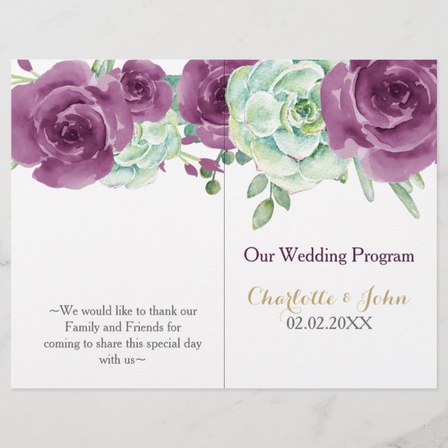 aquarelle succulent prune programme de mariage ros (Devant)