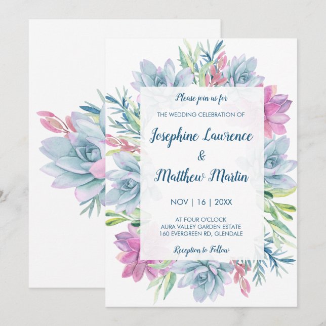 Aquarelle Succulents Invitations de mariage (Devant / Derrière)