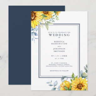 Aquarelle Sunflower Navy Bleu Faire-part de mariag
