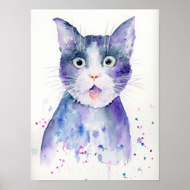 Aquarelle surprisé Poster Portrait de chat (Devant)