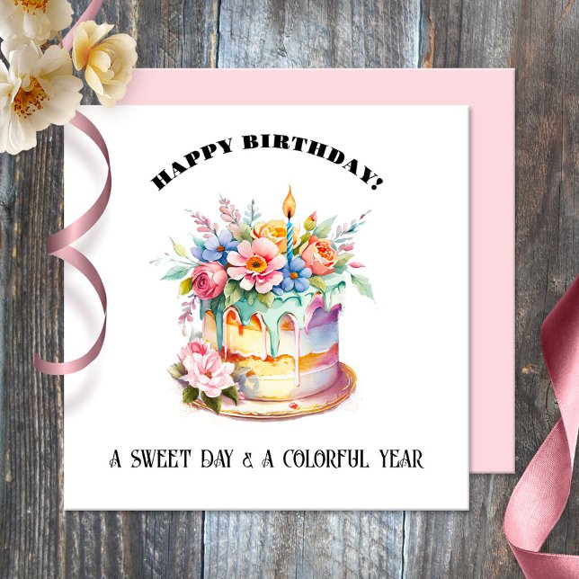 Aquarelle Sweet Cake Joyeux carte d'anniversaire (Birthday card featuring a watercolor painting of a sweet and festive birthday cake)