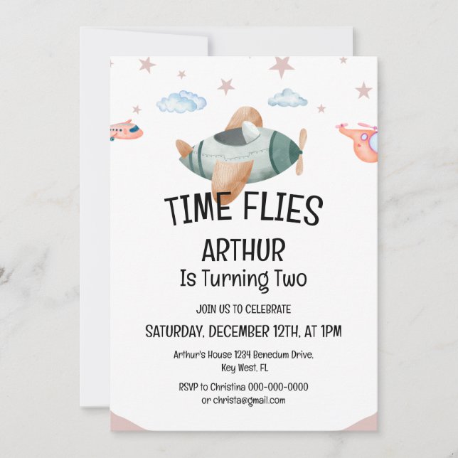 Aquarelle Temps Vol Avion Anniversaire Invitation (Devant)