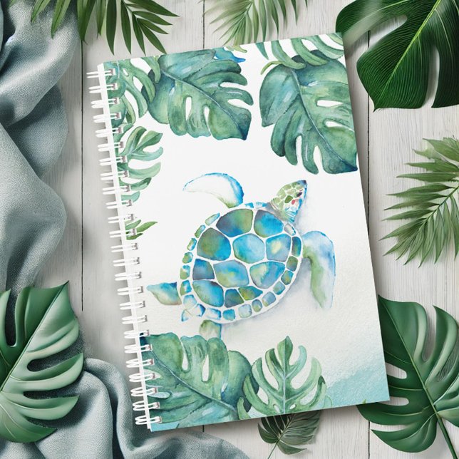 Aquarelle Tortue tropicale (Planner features watercolor sea turtle and tropical monstera palm leaf art by Victoria Grigaliunas)