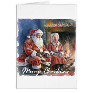 Aquarelle traditionnelle Père Noël et Mme Claus