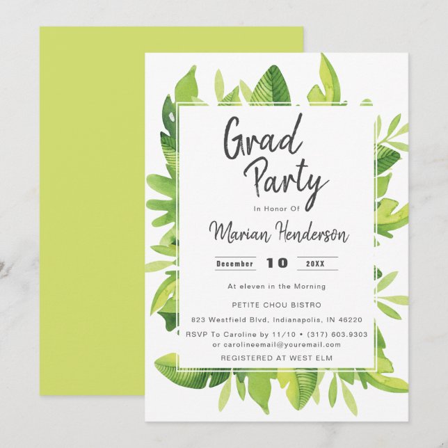 Aquarelle Tropical Graduation Party Invitation (Devant / Derrière)