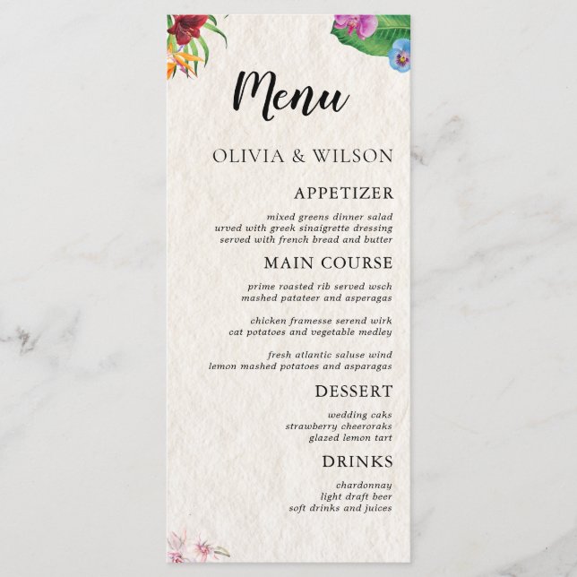Aquarelle Tropical Mariage Flat Menu (Devant)