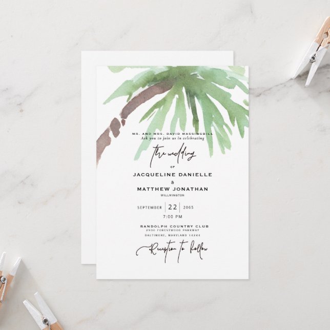 Aquarelle tropicale Faire-part de mariage blanc (Devant/Arrière en situation)