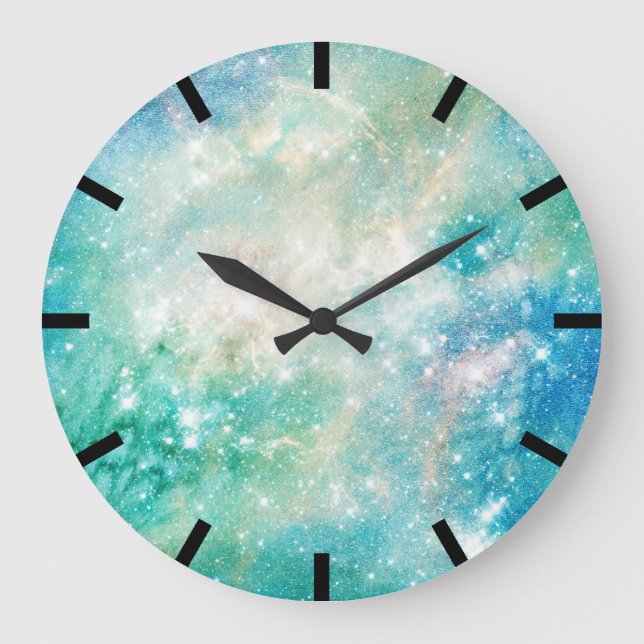 Aquarelle Türkis Blaues Galaxie Große Wanduhr (Vorderseite)