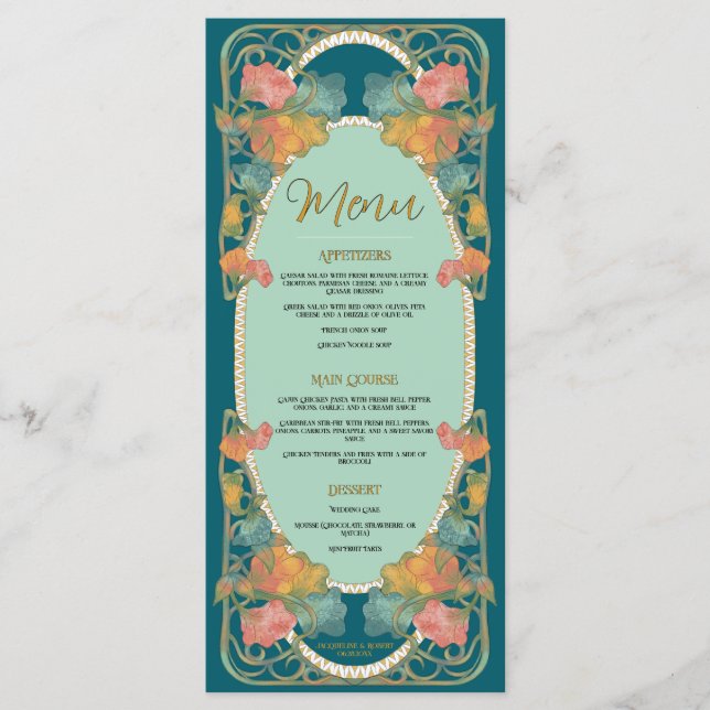 Aquarelle turquoise Art Nouveau Mariage Menu (Devant)