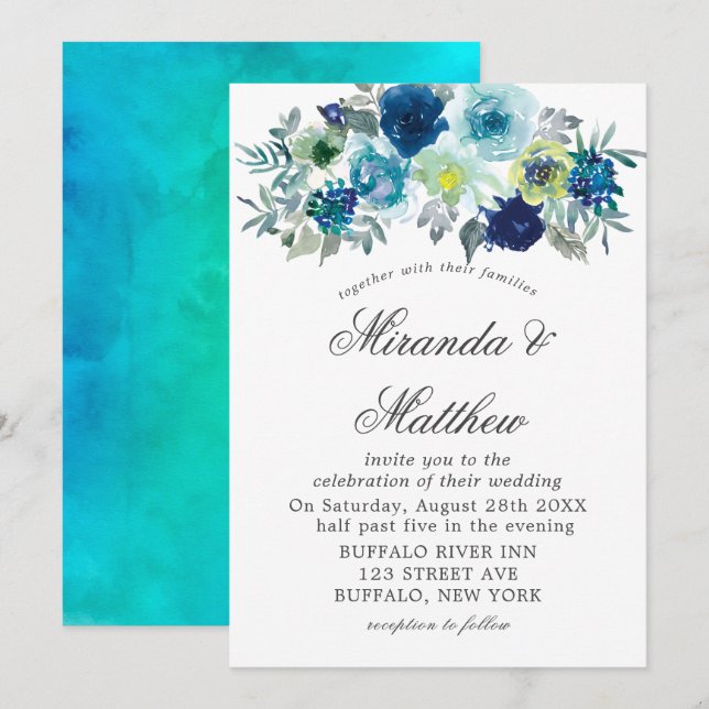 Aquarelle Turquoise bleue Peony Mariage Invitation (Devant / Derrière)