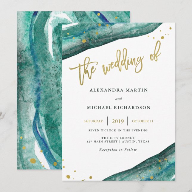 Aquarelle Turquoise et Faire-part de mariage de gé (Devant / Derrière)