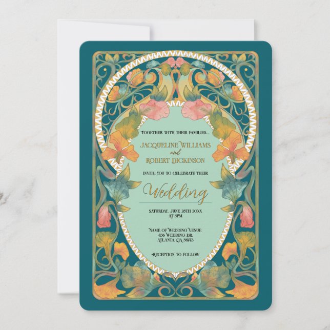 Aquarelle turquoise Faire-part de mariage Art Nouv (Devant)