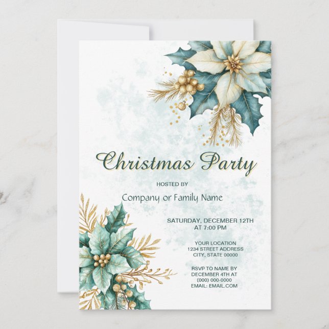 Aquarelle Turquoise Fleur Noël Invitation (Devant)