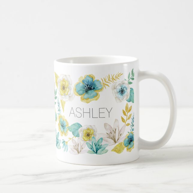 Aquarelle turquoise or Nom floral Mug cadeau (Droite)