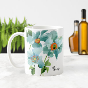 Aquarelle Turquoises Poppies Mug avec nom ou monog