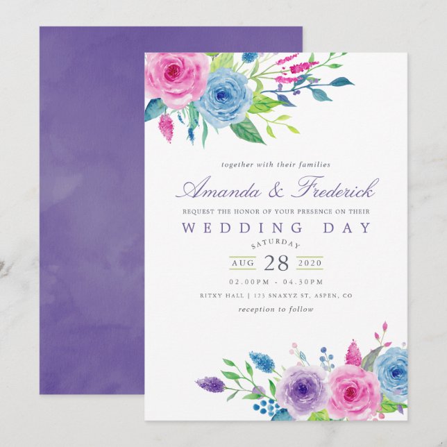 Aquarelle ultra violette Faire-part de mariage flo (Devant / Derrière)
