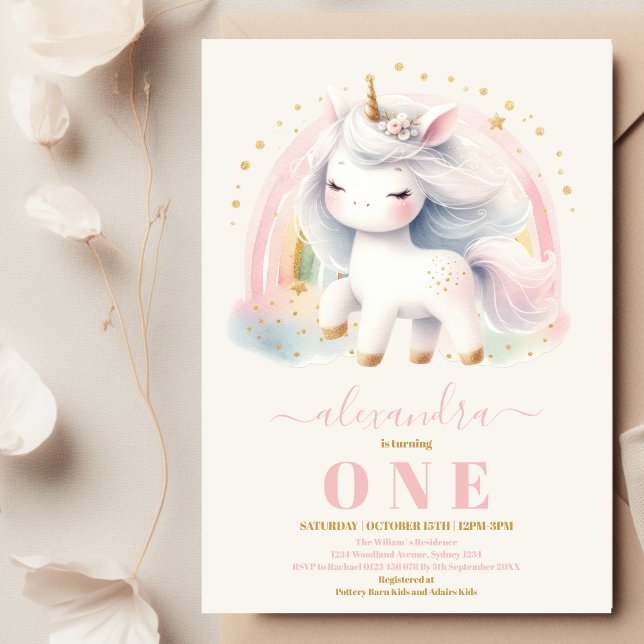 Aquarelle Unicorn Anniversaire Invitation 1ère (Créateur téléchargé)