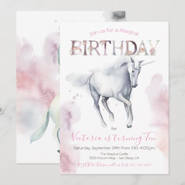 Aquarelle Unicorn Invitation Anniversaire (Devant / Derrière)