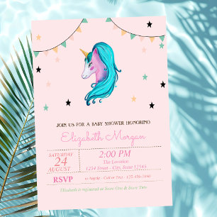 Aquarelle Unicorne, Stars Baby shower Invitation