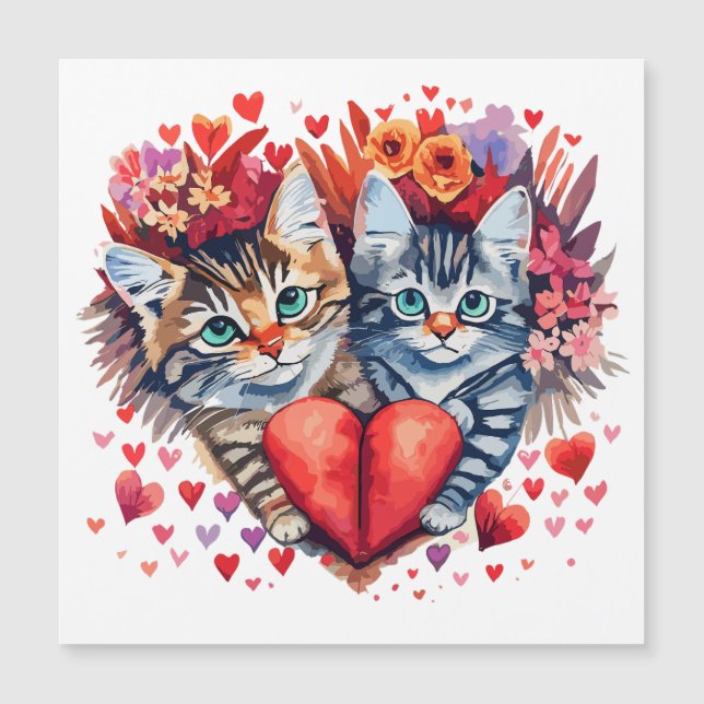 Aquarelle Valentines chats avec amour Carte magnét (Devant)