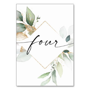 Aquarelle Verdure et or Numéros de table Quatre