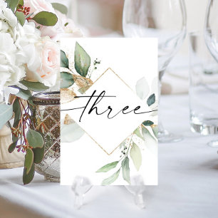 Aquarelle Verdure et or Numéros de table Trois
