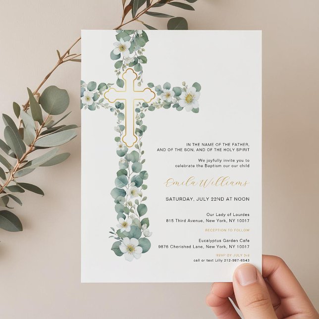 Aquarelle Verdure Floral Baptême Invitation (Foliage Gold Cross Baptism Invitation)