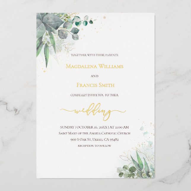 aquarelle verdure mariage Foil Invitation (Recto)