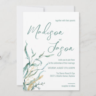 Aquarelle Vert algue Plage Mariage Invitations