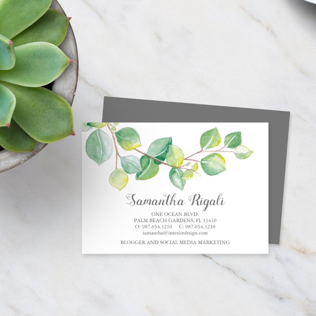 Aquarelle vert Eucalyptus Carte de visite (Business card botanical eucalyptus leaves watercolor art by Victoria Grigaliunas)