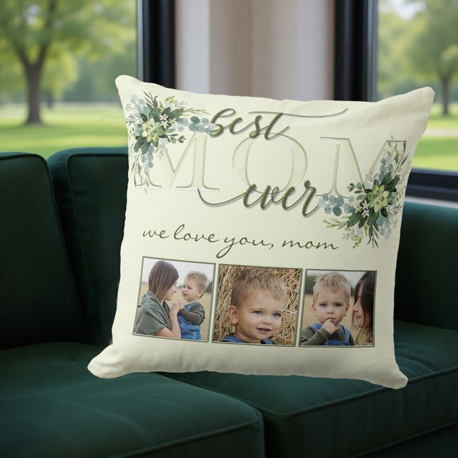 Aquarelle Vert Feuille Maman Coussin photo (Pillow featuring a stylized Mom text with green watercolor leaves and your own photos - Mother's Day)