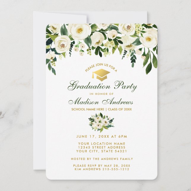 Aquarelle Vert Floral Graduation Party Invitation  (Devant)