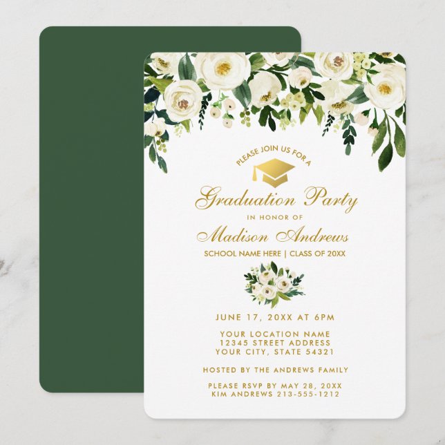Aquarelle Vert Floral Graduation Party Invitation  (Devant / Derrière)