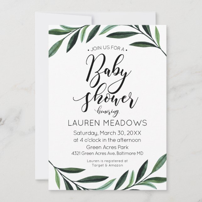 Aquarelle verte Baby shower Invitation (Devant)